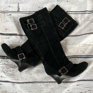 Naughty Monkey Tall black suede wedge boot with buckles Size 7.5